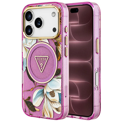 MagSafe maska za Apple iPhone 18 Pro Max / 17 Pro Max, Guess, IML Metal Glitter Flowers Triangle, ljubičasta