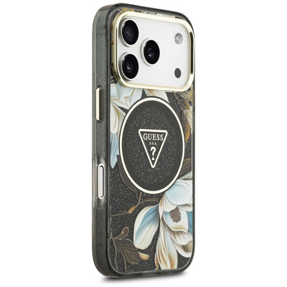 MagSafe maska za Apple iPhone 18 Pro Max / 17 Pro Max, Guess, IML Metal Glitter Flowers Triangle, crna