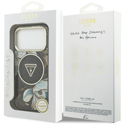 MagSafe maska za Apple iPhone 18 Pro Max / 17 Pro Max, Guess, IML Metal Glitter Flowers Triangle, crna
