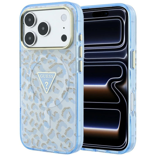 MagSafe futrola za Apple iPhone 18 Pro Max / 17 Pro Max, Guess, Leopard Glitter Triangle Logo, Plava