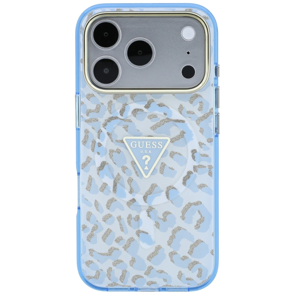 MagSafe futrola za Apple iPhone 18 Pro Max / 17 Pro Max, Guess, Leopard Glitter Triangle Logo, Plava