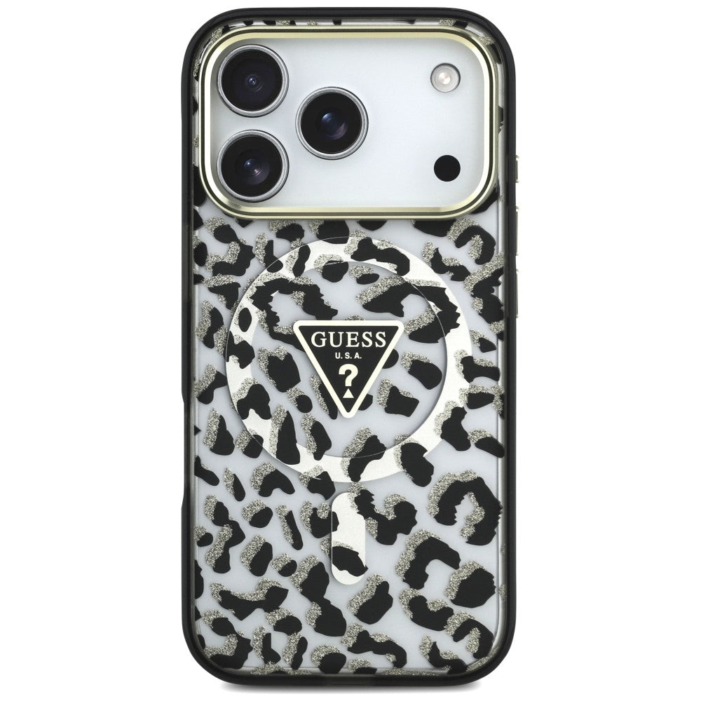 MagSafe futrola za Apple iPhone 18 Pro Max / 17 Pro Max, Guess, Leopard Glitter Triangle Logo, Crna