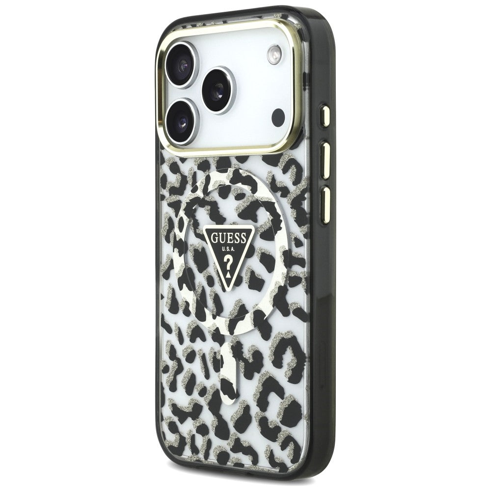 MagSafe futrola za Apple iPhone 18 Pro Max / 17 Pro Max, Guess, Leopard Glitter Triangle Logo, Crna