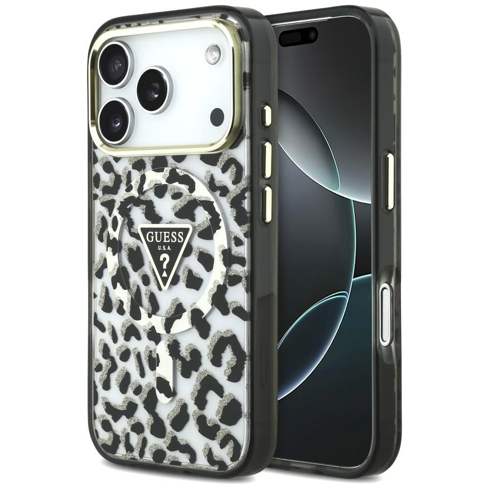 MagSafe futrola za Apple iPhone 18 Pro Max / 17 Pro Max, Guess, Leopard Glitter Triangle Logo, Crna