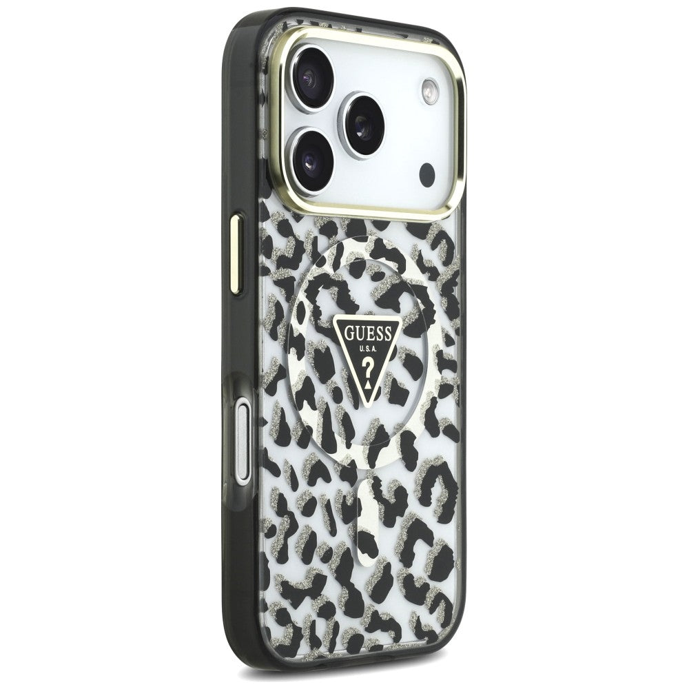 MagSafe futrola za Apple iPhone 18 Pro Max / 17 Pro Max, Guess, Leopard Glitter Triangle Logo, Crna