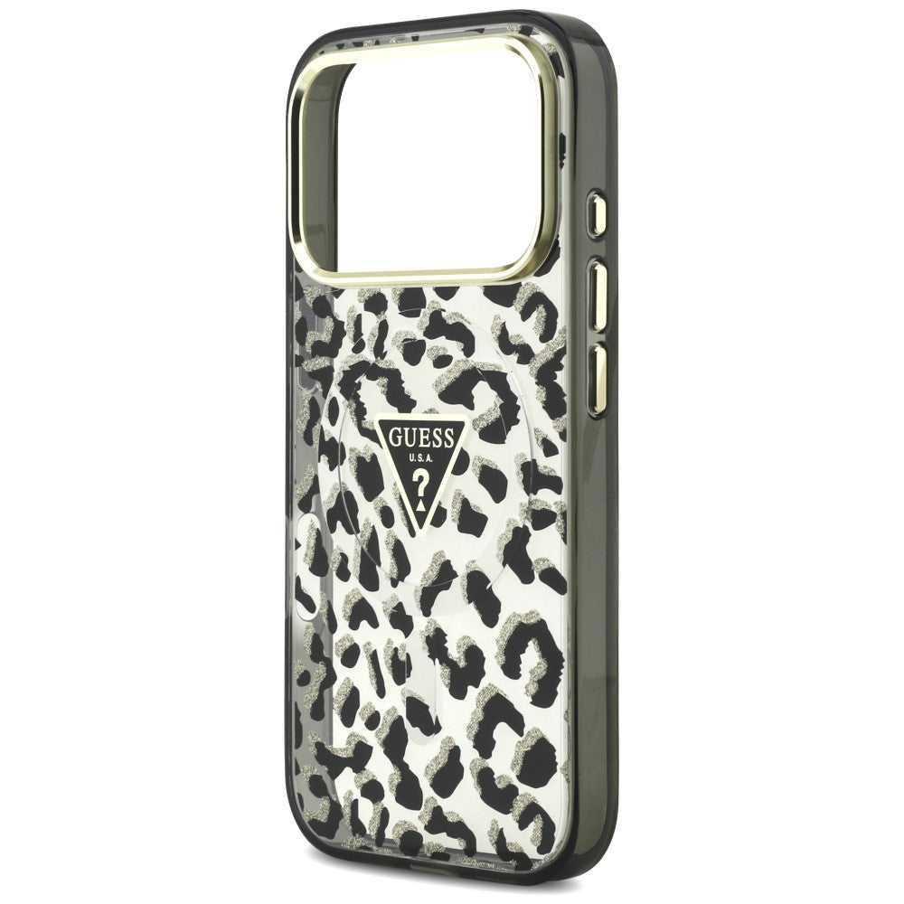 MagSafe futrola za Apple iPhone 18 Pro Max / 17 Pro Max, Guess, Leopard Glitter Triangle Logo, Crna