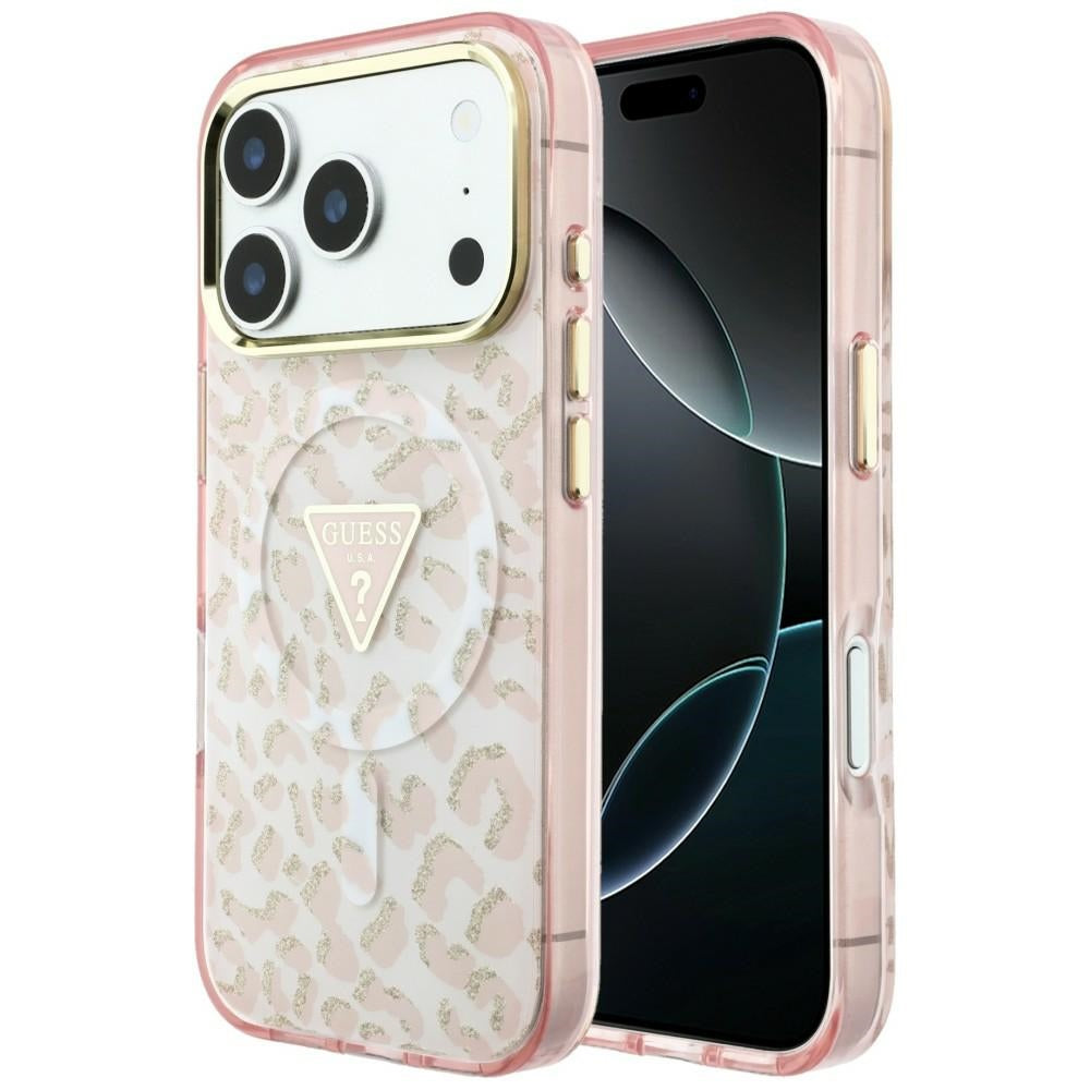 MagSafe futrola za Apple iPhone 18 Pro Max / 17 Pro Max, Guess, Leopard Glitter Triangle Logo, Roze
