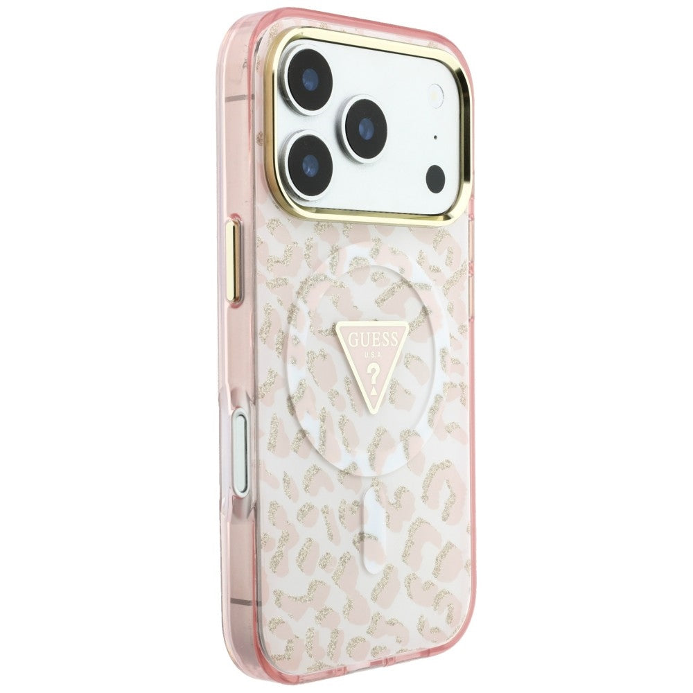 MagSafe futrola za Apple iPhone 18 Pro Max / 17 Pro Max, Guess, Leopard Glitter Triangle Logo, Roze