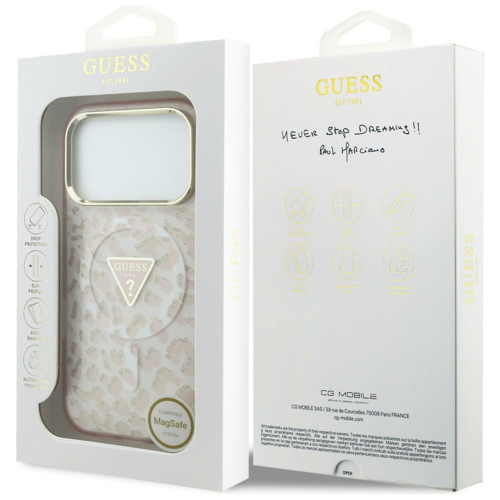 MagSafe futrola za Apple iPhone 18 Pro Max / 17 Pro Max, Guess, Leopard Glitter Triangle Logo, Roze