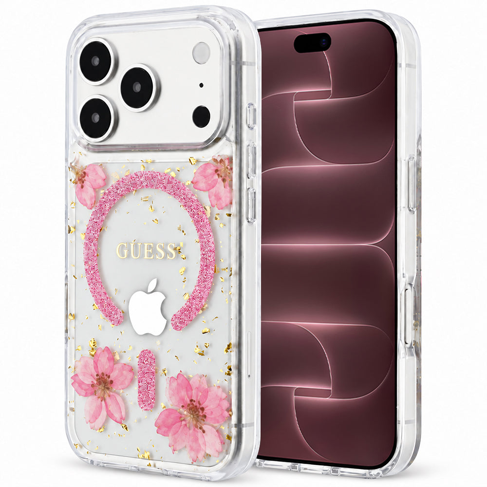 MagSafe maska za Apple iPhone 18 Pro Max / 17 Pro Max, Guess, Resin Flowers and Glitter, roze