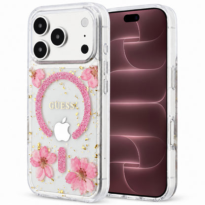 MagSafe maska za Apple iPhone 18 Pro Max / 17 Pro Max, Guess, Resin Flowers and Glitter, roze