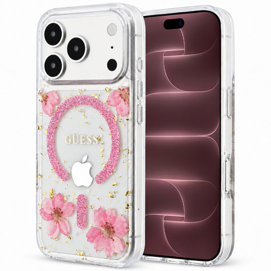 MagSafe maska za Apple iPhone 18 Pro Max / 17 Pro Max, Guess, Resin Flowers and Glitter, roze