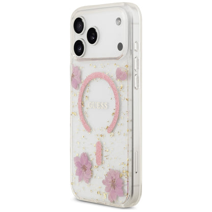 MagSafe maska za Apple iPhone 18 Pro Max / 17 Pro Max, Guess, Resin Flowers and Glitter, roze