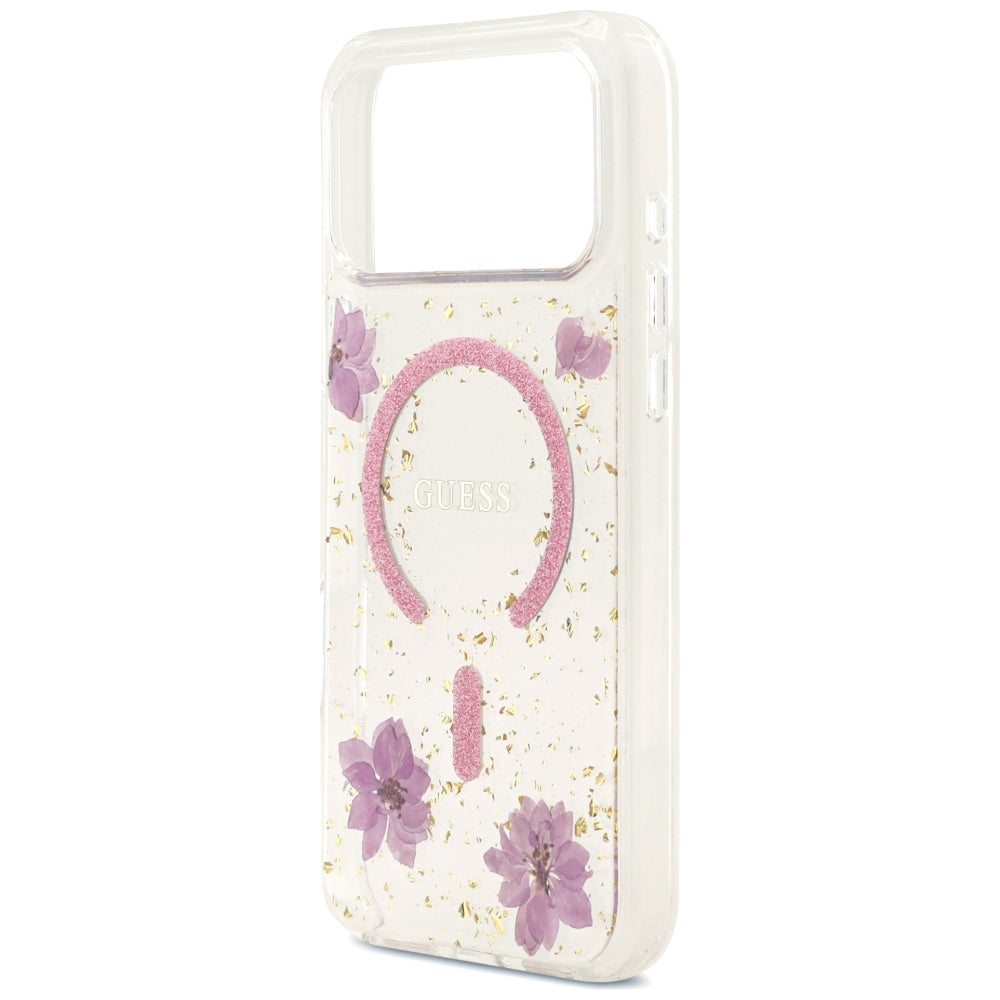 MagSafe maska za Apple iPhone 18 Pro Max / 17 Pro Max, Guess, Resin Flowers and Glitter, roze