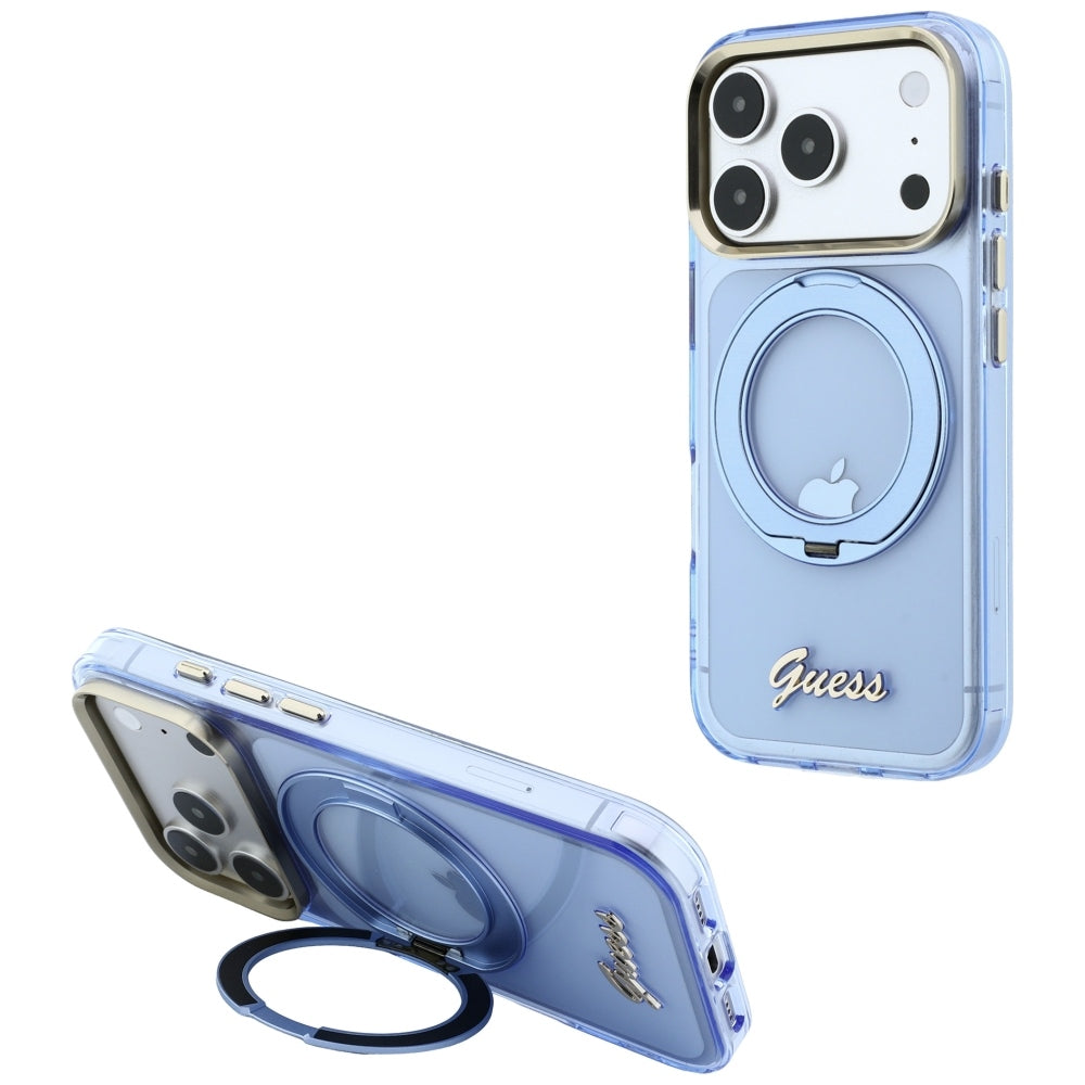 MagSafe futrola za Apple iPhone 18 Pro Max / 17 Pro Max, Guess, Ring Stand Script Metal Logo, Plava