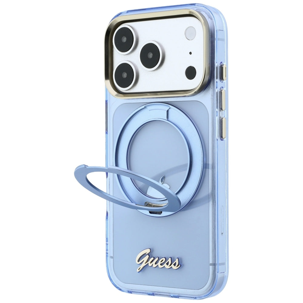 MagSafe futrola za Apple iPhone 18 Pro Max / 17 Pro Max, Guess, Ring Stand Script Metal Logo, Plava