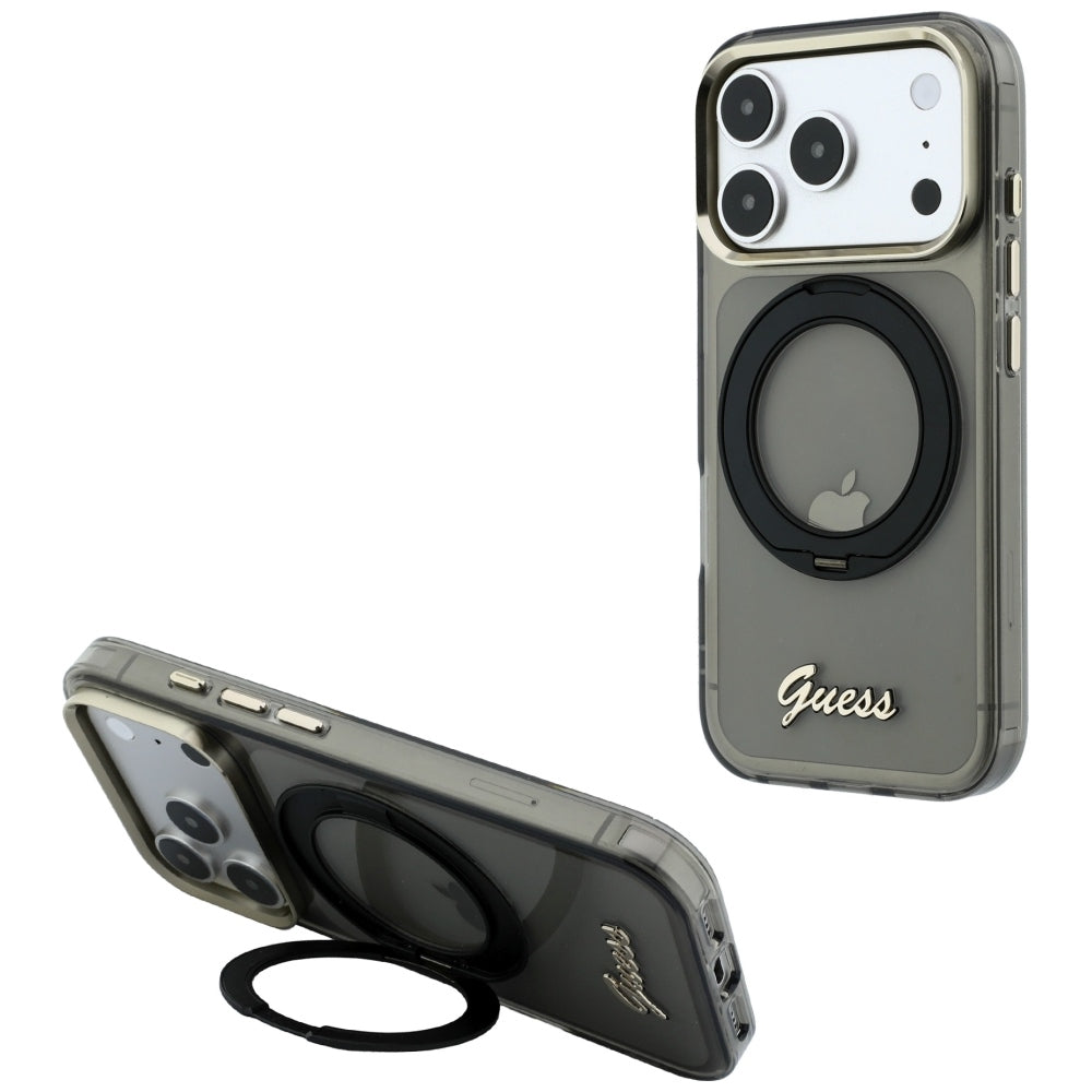 MagSafe futrola za Apple iPhone 18 Pro Max / 17 Pro Max, Guess, Ring Stand Script Metal Logo, Crna