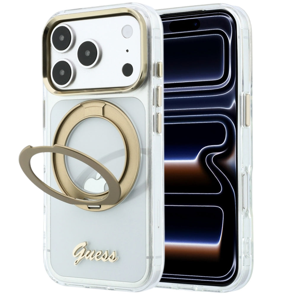 MagSafe futrola za Apple iPhone 18 Pro Max / 17 Pro Max, Guess, Ring Stand Script Metal Logo, Providna
