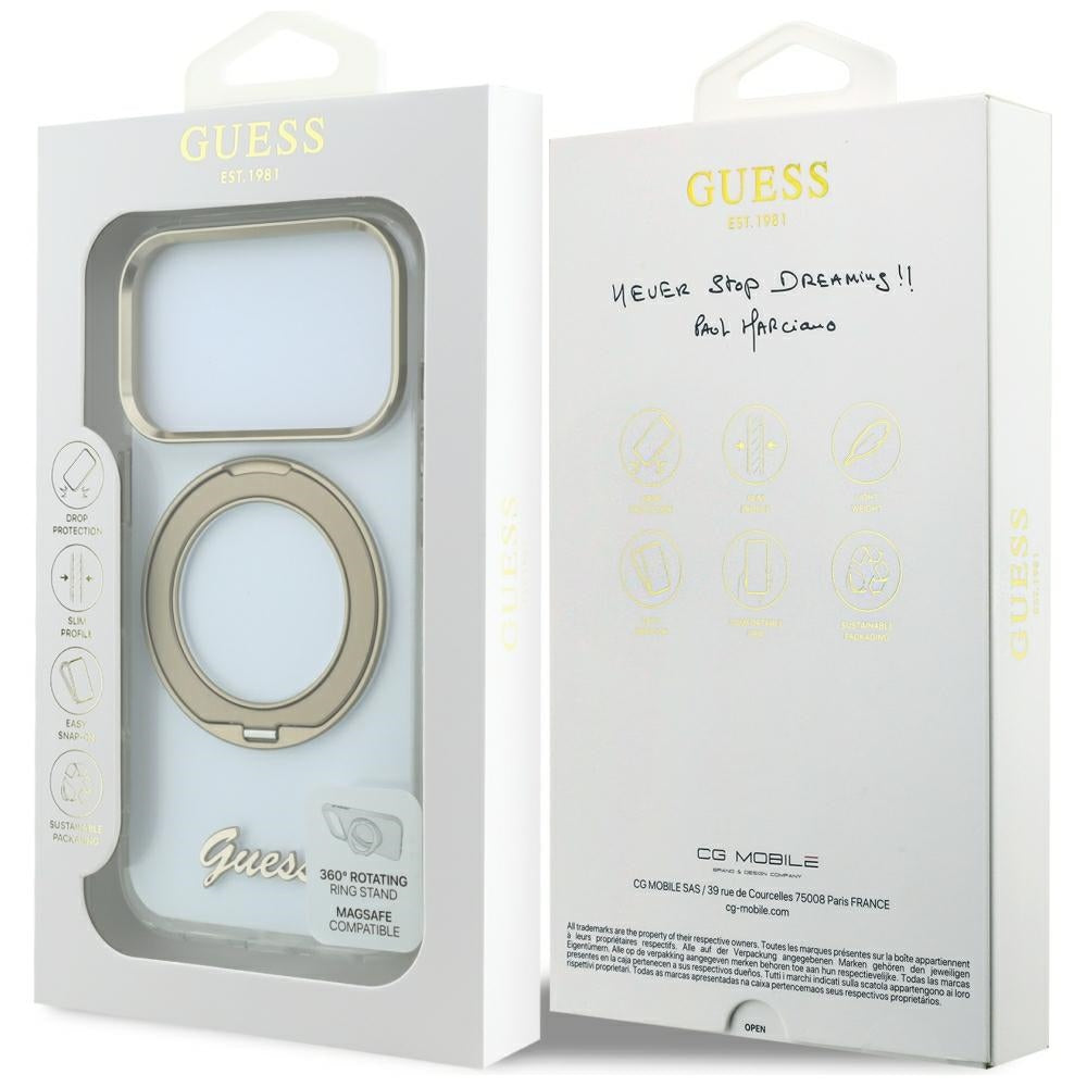 MagSafe futrola za Apple iPhone 18 Pro Max / 17 Pro Max, Guess, Ring Stand Script Metal Logo, Providna