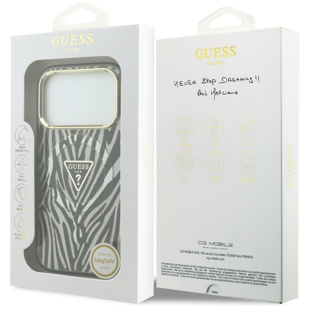 MagSafe futrola za Apple iPhone 18 Pro Max / 17 Pro Max, Guess, Zebra Glitter Triangle Logo, Srebrna