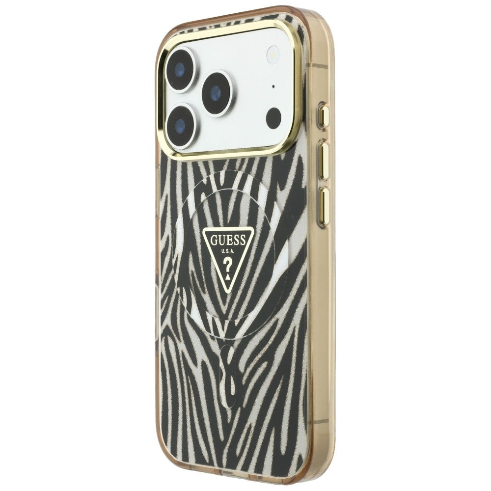 MagSafe futrola za Apple iPhone 18 Pro Max / 17 Pro Max, Guess, Zebra Glitter Triangle Logo, Zlatna