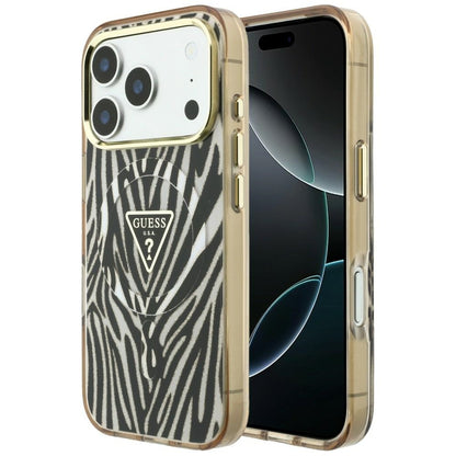 MagSafe futrola za Apple iPhone 18 Pro Max / 17 Pro Max, Guess, Zebra Glitter Triangle Logo, Zlatna