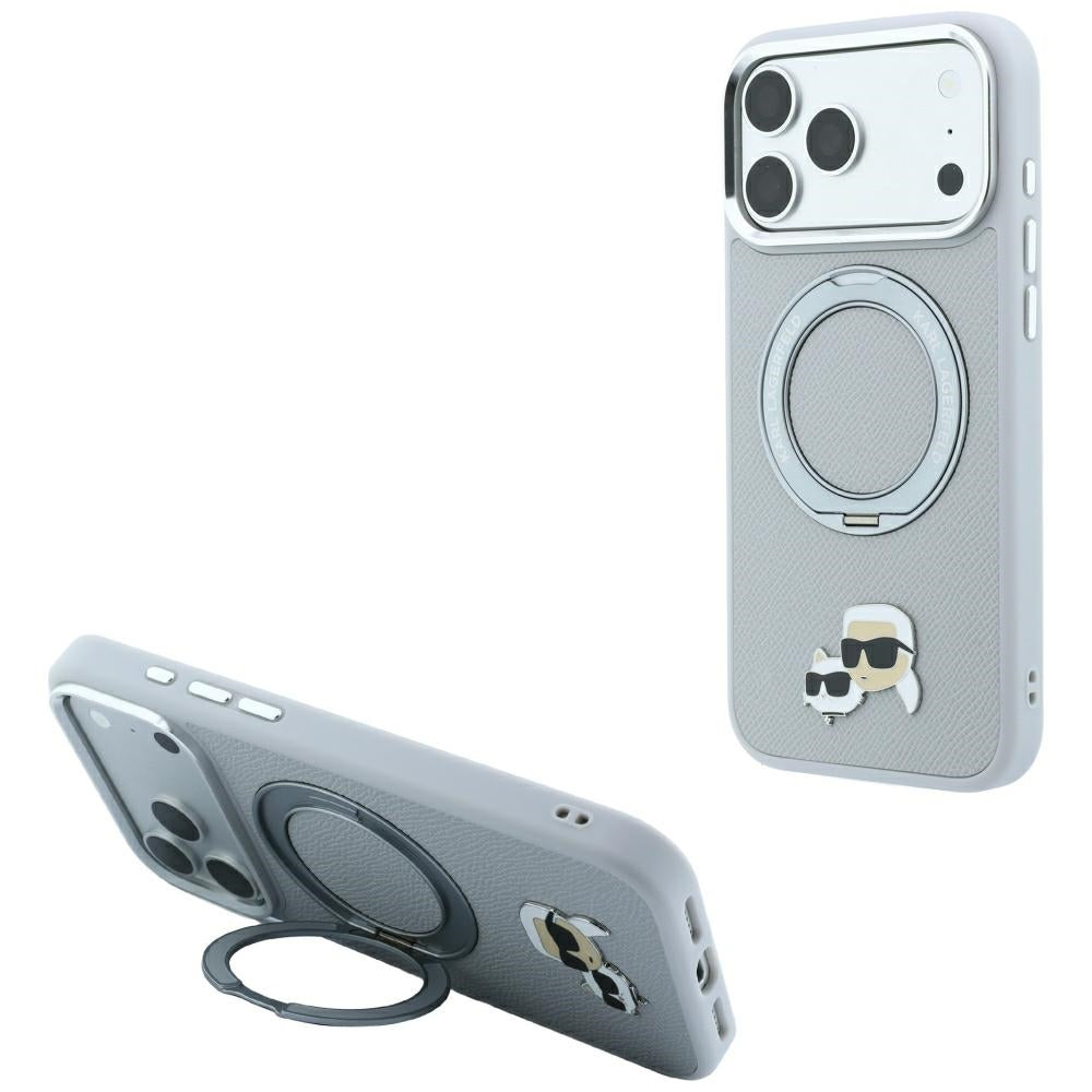 MagSafe maska za Apple iPhone 18 Pro Max / 17 Pro Max, Karl Lagerfeld, Ring Stand 360 Karl & Choupette Pin, siva