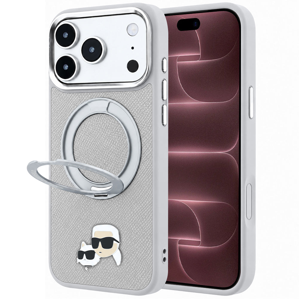 MagSafe maska za Apple iPhone 18 Pro Max / 17 Pro Max, Karl Lagerfeld, Ring Stand 360 Karl & Choupette Pin, siva