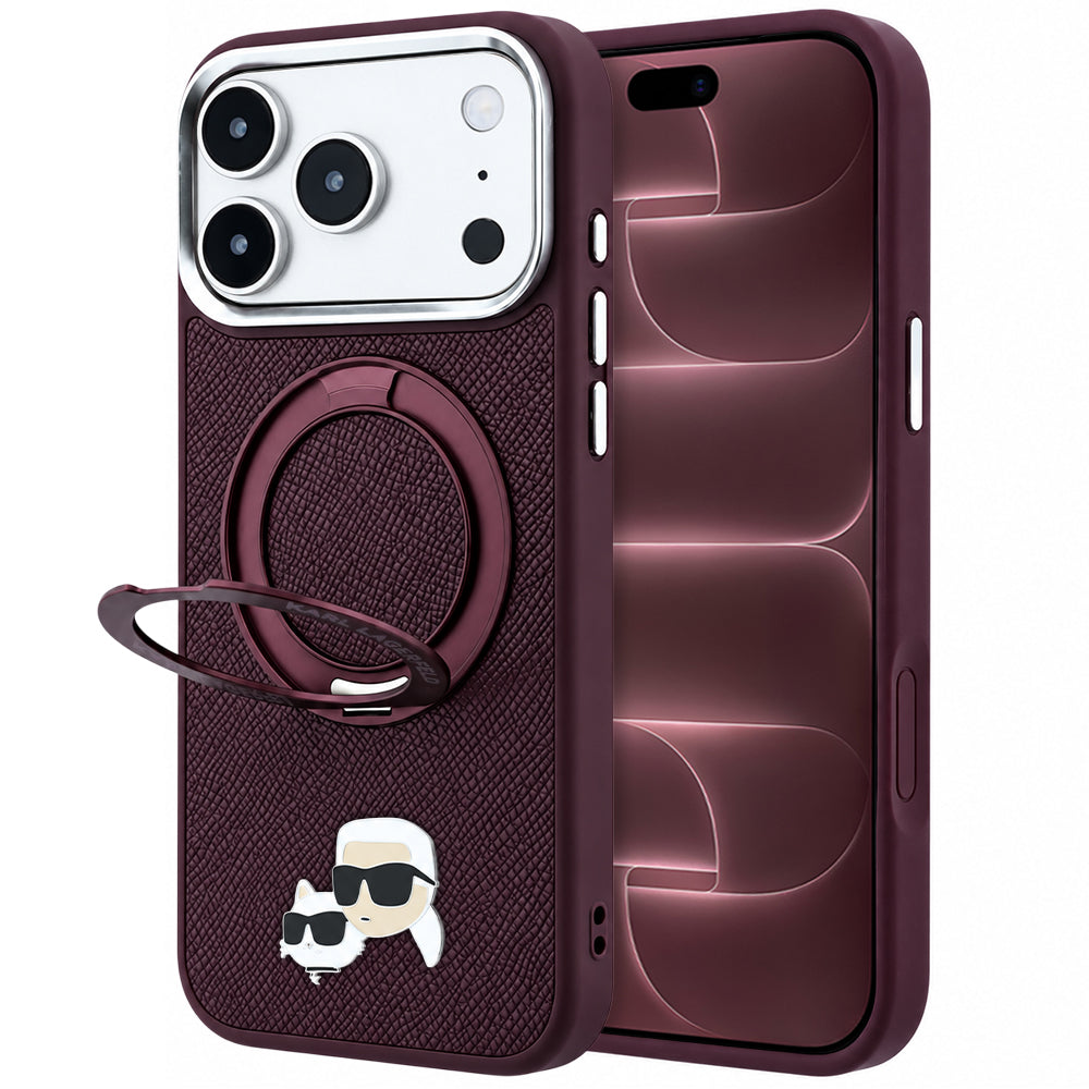 MagSafe maska za Apple iPhone 18 Pro Max / 17 Pro Max, Karl Lagerfeld, Ring Stand 360 Karl & Choupette Pin, bordo boje