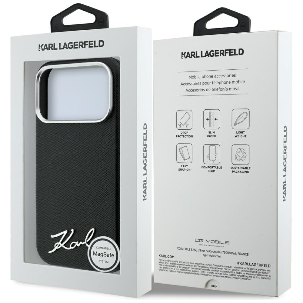 MagSafe futrola za Apple iPhone 18 Pro Max / 17 Pro Max, Karl Lagerfeld, Saffiano Small Script Metal Logo, Crna