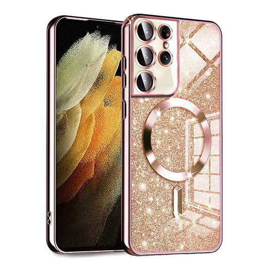 MagSafe futrola za Samsung Galaxy S21 Ultra 5G G998, Techsuit, Luxury Glitter, Roze Zlatna