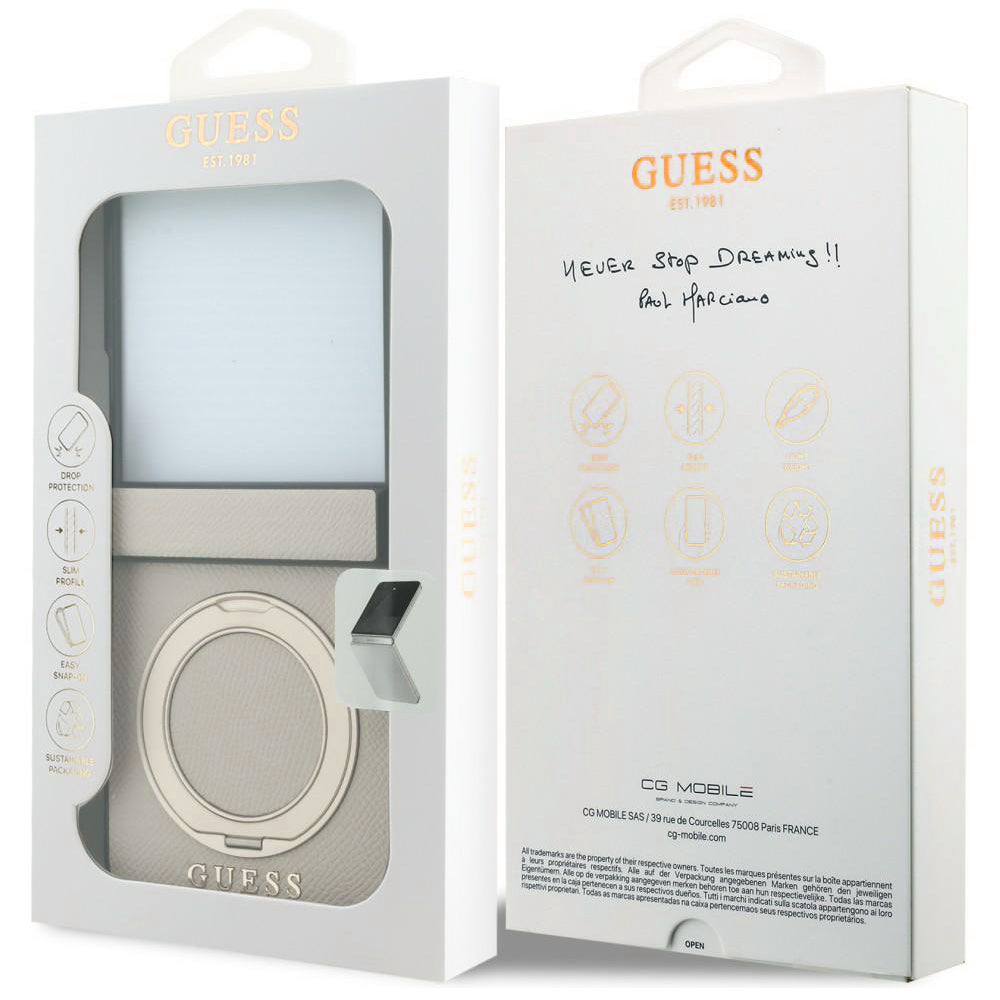 MagSafe futrola za Samsung Galaxy Z Flip8 F776, Guess, Ring Stand Grained Classic Logo, Bež
