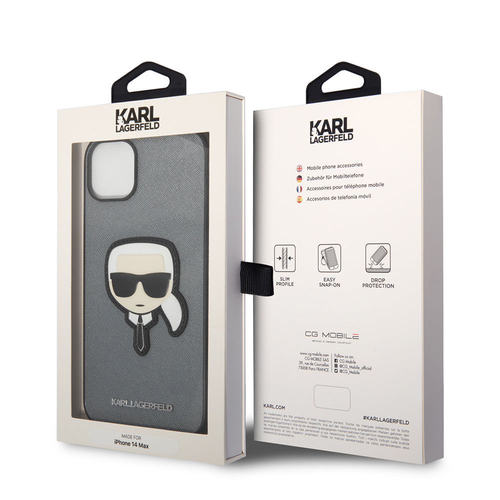 Futrola za Apple iPhone 14 Plus, Karl Lagerfeld, Saffiano Karl's Head, Srebrna