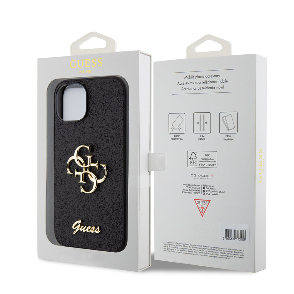 Futrola za Apple iPhone 15, Guess, Glitter Big 4G Script, Crna
