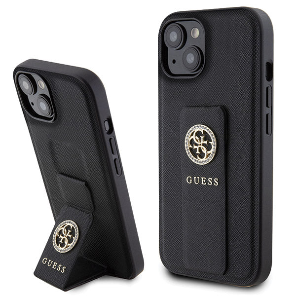 Futrola za Apple iPhone 15, Guess, Grip Stand 4G Saffiano Strass, Crna