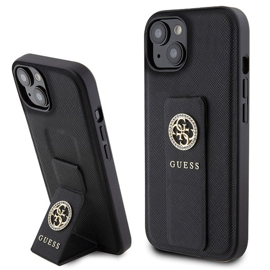 Futrola za Apple iPhone 15, Guess, Grip Stand 4G Saffiano Strass, Crna