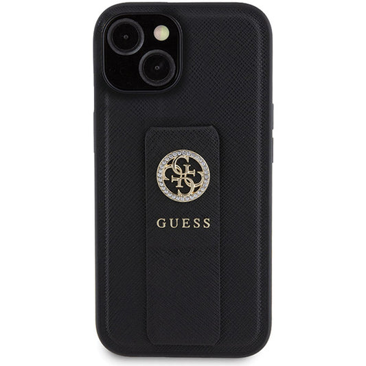 Futrola za Apple iPhone 15, Guess, Grip Stand 4G Saffiano Strass, Crna