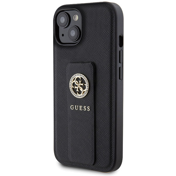 Futrola za Apple iPhone 15, Guess, Grip Stand 4G Saffiano Strass, Crna