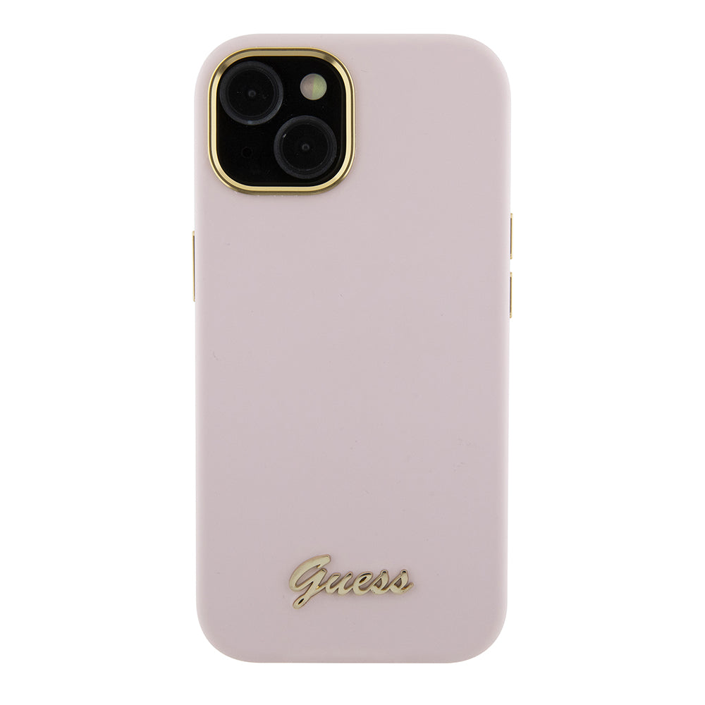 Futrola za Apple iPhone 15, Guess, Script Metal Logo & Frame, Svetlo Roze