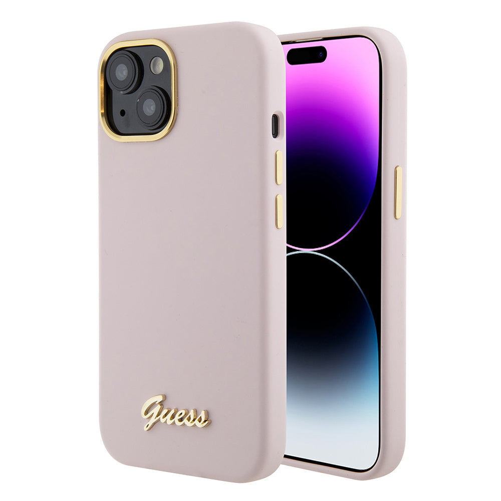 Futrola za Apple iPhone 15, Guess, Script Metal Logo & Frame, Svetlo Roze