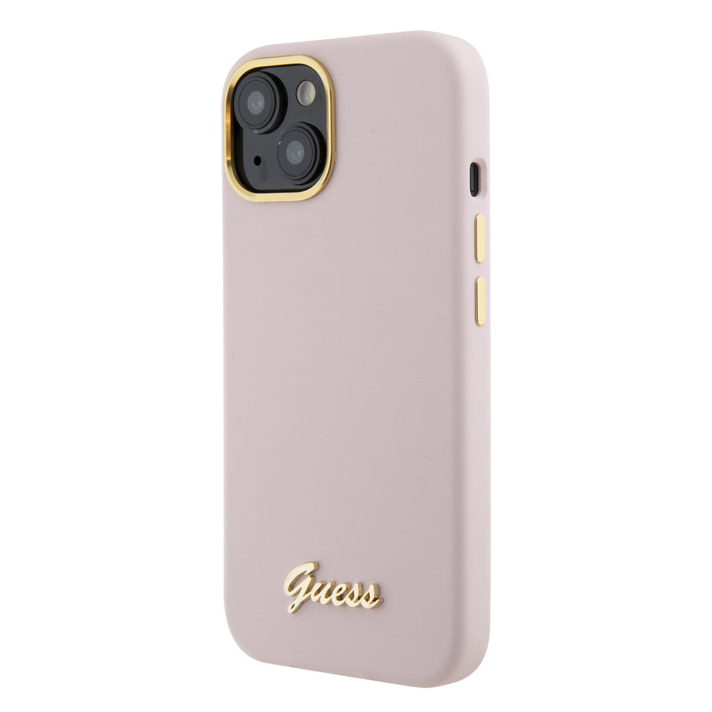 Futrola za Apple iPhone 15, Guess, Script Metal Logo & Frame, Svetlo Roze