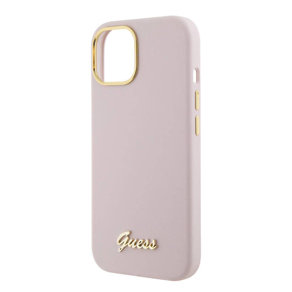 Futrola za Apple iPhone 15, Guess, Script Metal Logo & Frame, Svetlo Roze