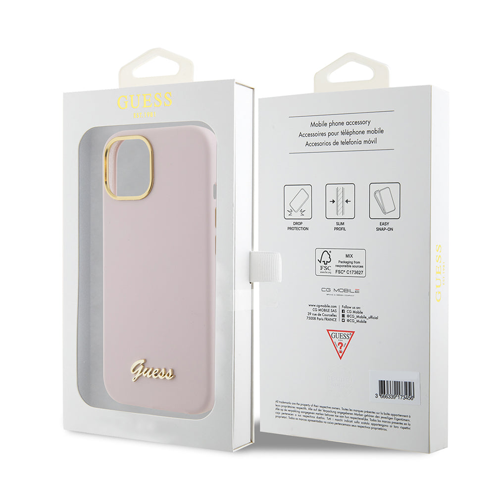 Futrola za Apple iPhone 15, Guess, Script Metal Logo & Frame, Svetlo Roze