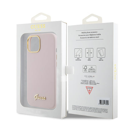 Futrola za Apple iPhone 15, Guess, Script Metal Logo & Frame, Svetlo Roze
