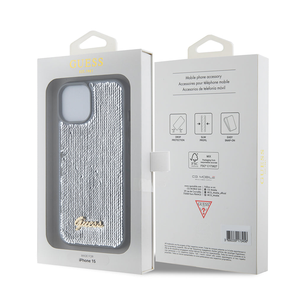 Futrola za Apple iPhone 15, Guess, Sequin Script Metal, Srebrna