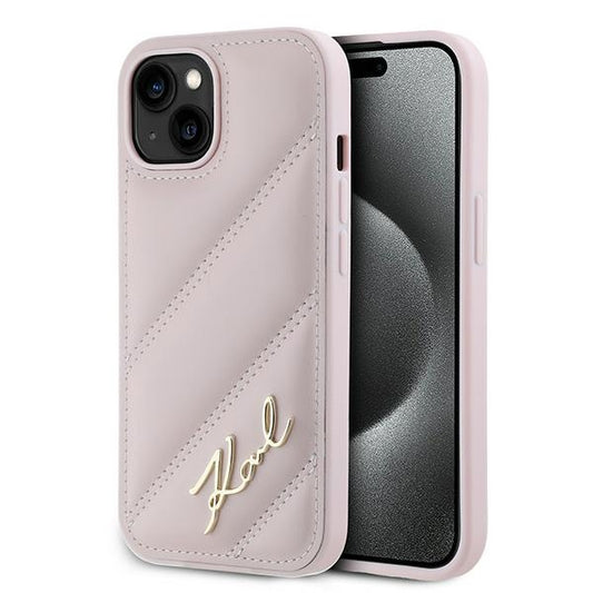 Futrola za Apple iPhone 15, Karl Lagerfeld, Diagonal Quilted Script, Roze