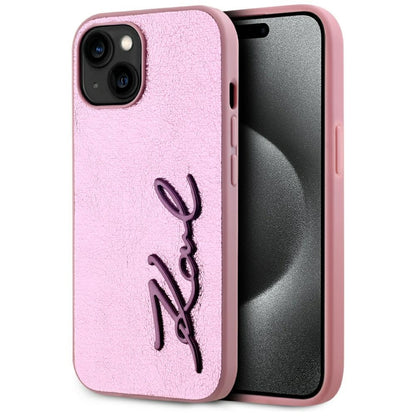 Futrola za Apple iPhone 15, Karl Lagerfeld, Metal Signature, Roze