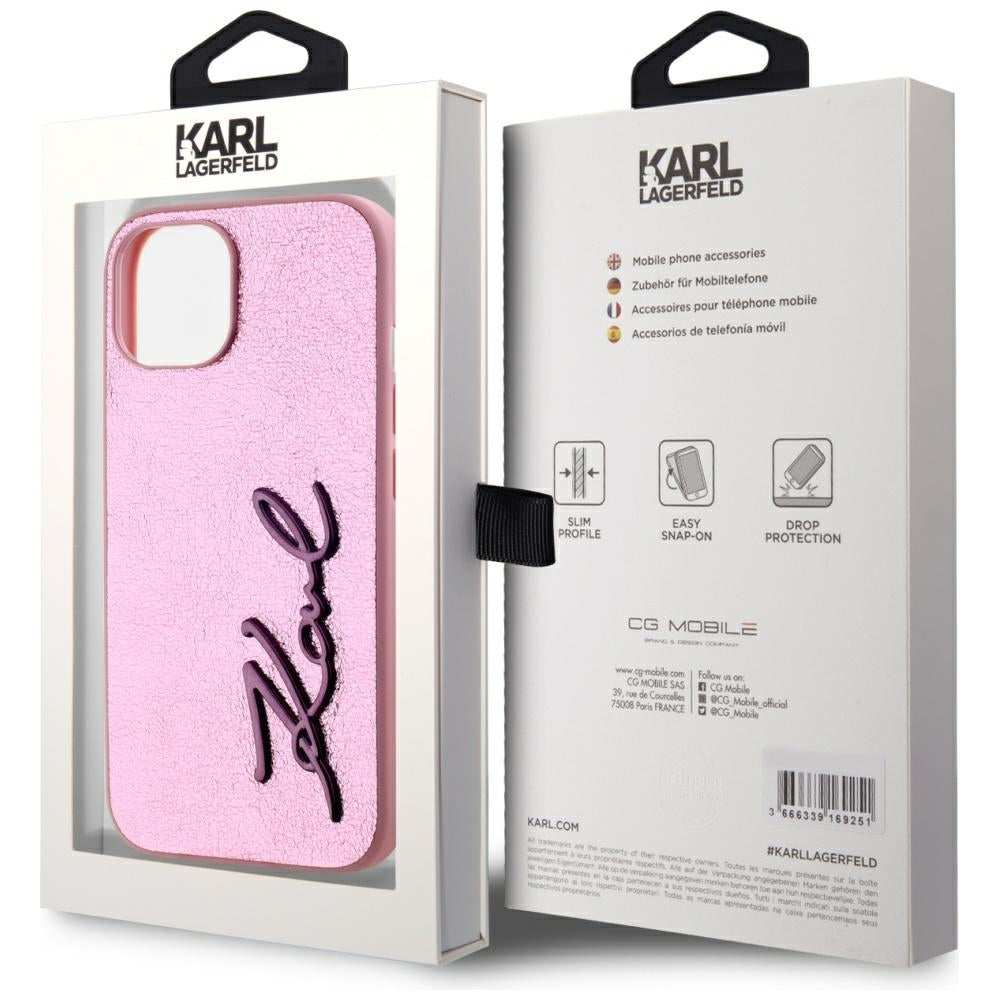 Futrola za Apple iPhone 15, Karl Lagerfeld, Metal Signature, Roze