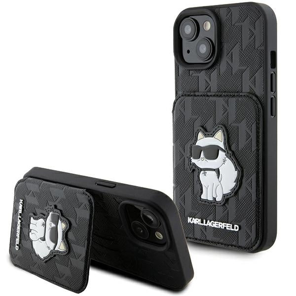 Futrola za Apple iPhone 15, Karl Lagerfeld, Saffiano Cardslots and Stand Monogram Choupette, Crna