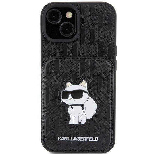 Futrola za Apple iPhone 15, Karl Lagerfeld, Saffiano Cardslots and Stand Monogram Choupette, Crna